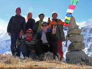 Jerome Ryan and Guide Gyan Tamang and crew at Pangpema in front of Kangchenjunga North Face
